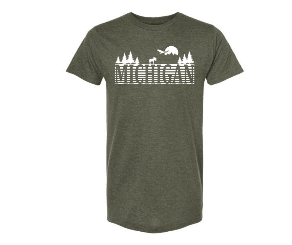 T-Shirt: Michigan Text Moose (H. Military Green)