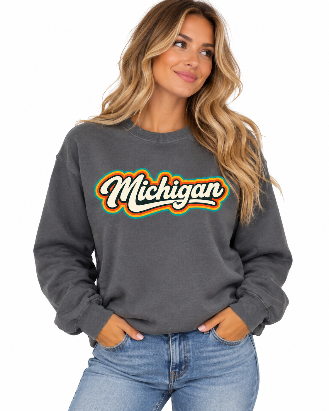 Crewneck: Michigan Retro Stripe (Heather Black)
