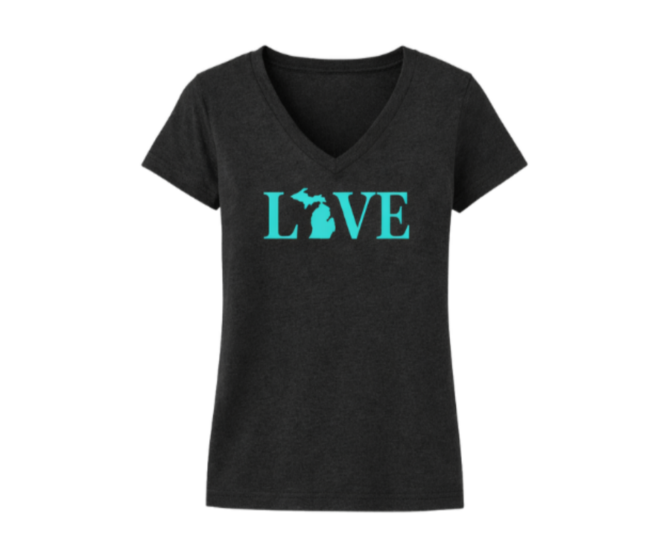 V-Neck: V6 - Michigan Mint Love Text (Black Heather)