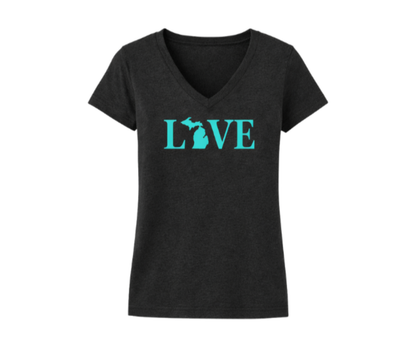 V-Neck: V6 - Michigan Mint Love Text (Black Heather)