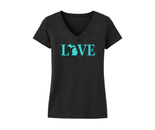 V-Neck: V6 - Michigan Mint Love Text (Black Heather)