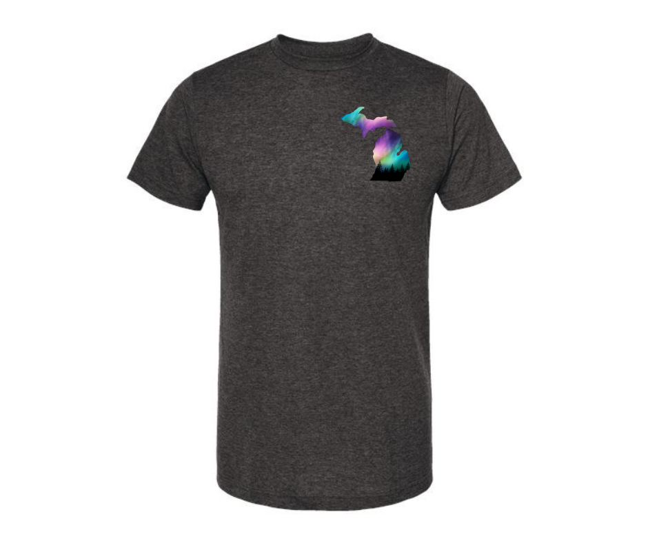 T-Shirt: Michigan Northern Lights Left Chest Pocket (H. Graphite)