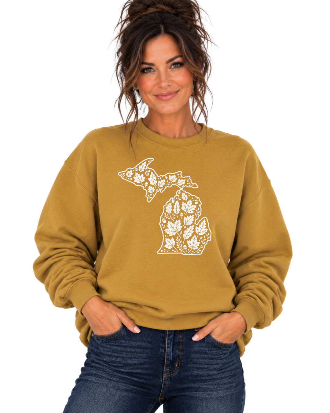 Crewneck: MI White Fall Leaves (Antique Gold)