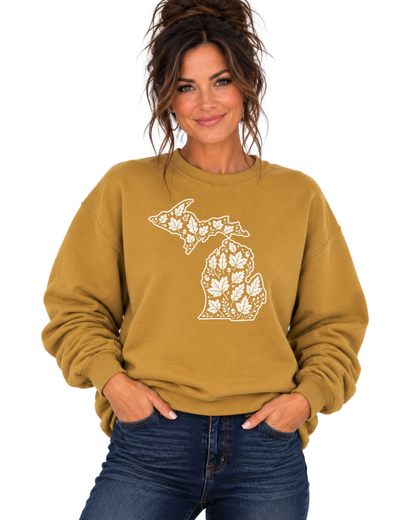 Crewneck: MI White Fall Leaves (Antique Gold)