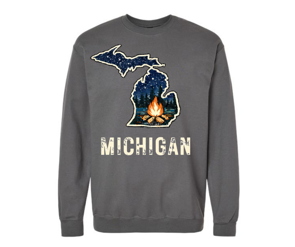 Crewneck: Michigan Map Campfire (Charcoal Grey)