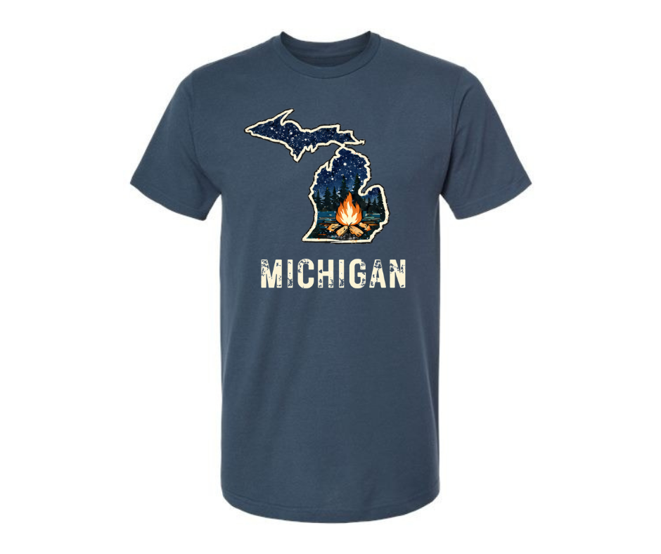 T-Shirt: Distressed Michigan Map Campfire (Indigo)