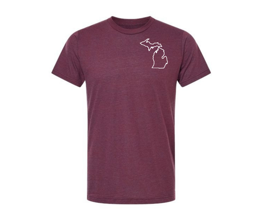 T-Shirt: T27C- Michigan Outline Pocket (Berry)