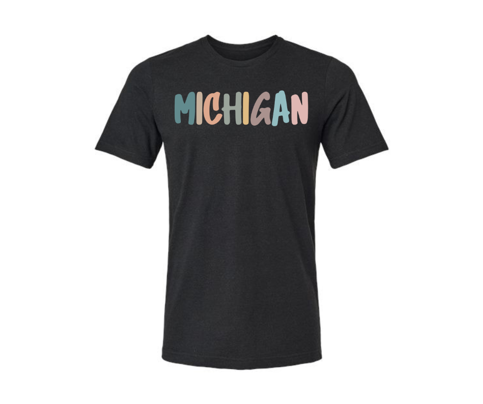 T-Shirt: T53B - Michigan Pastel Text (H. Black)