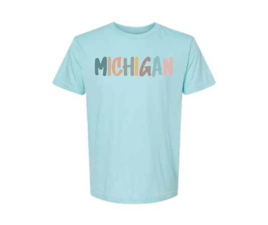 T-Shirt: T53A - Michigan Pastel Text (H. Purist Blue)
