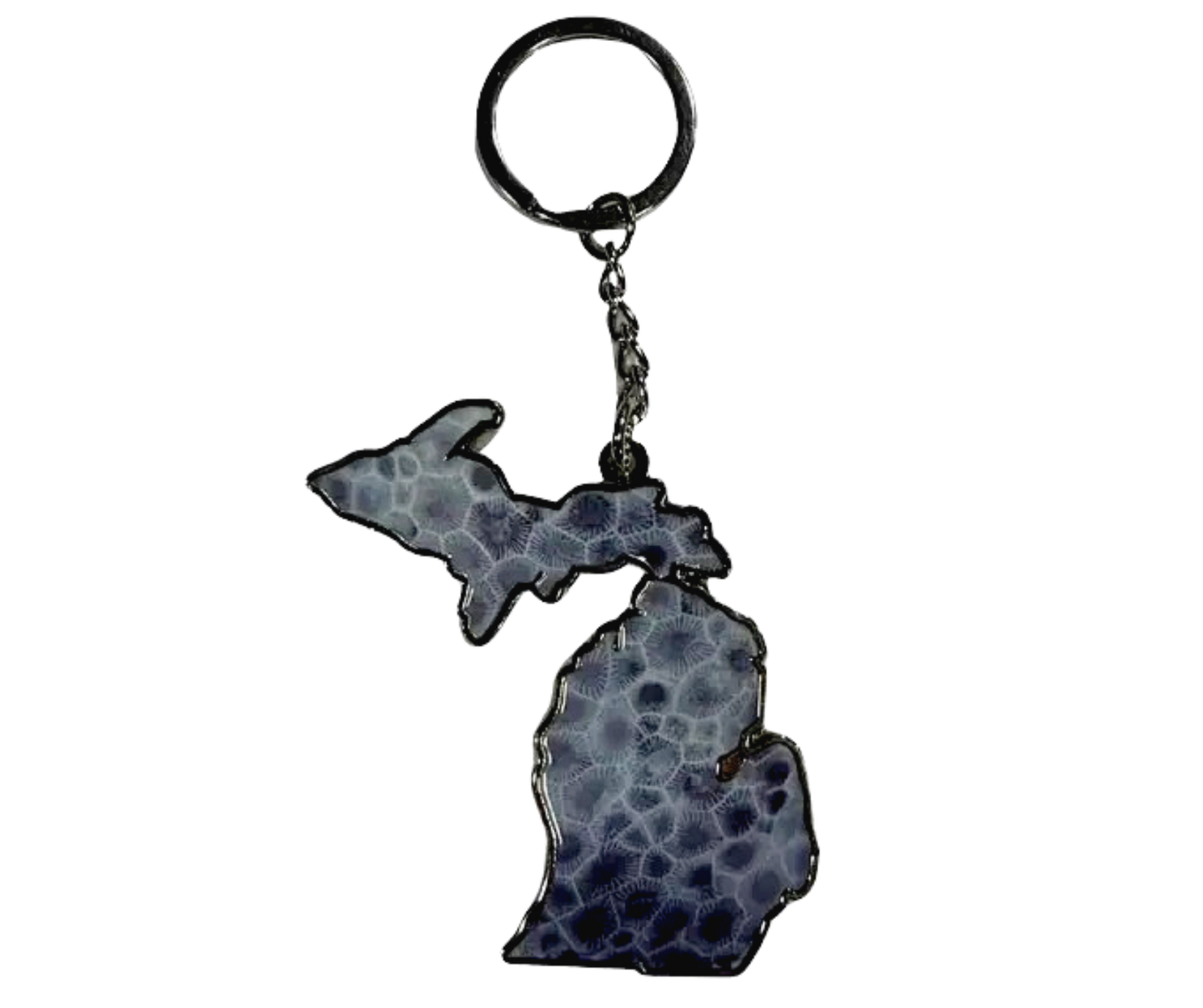 K8: Michigan Map American Petoskey Stone Keychain