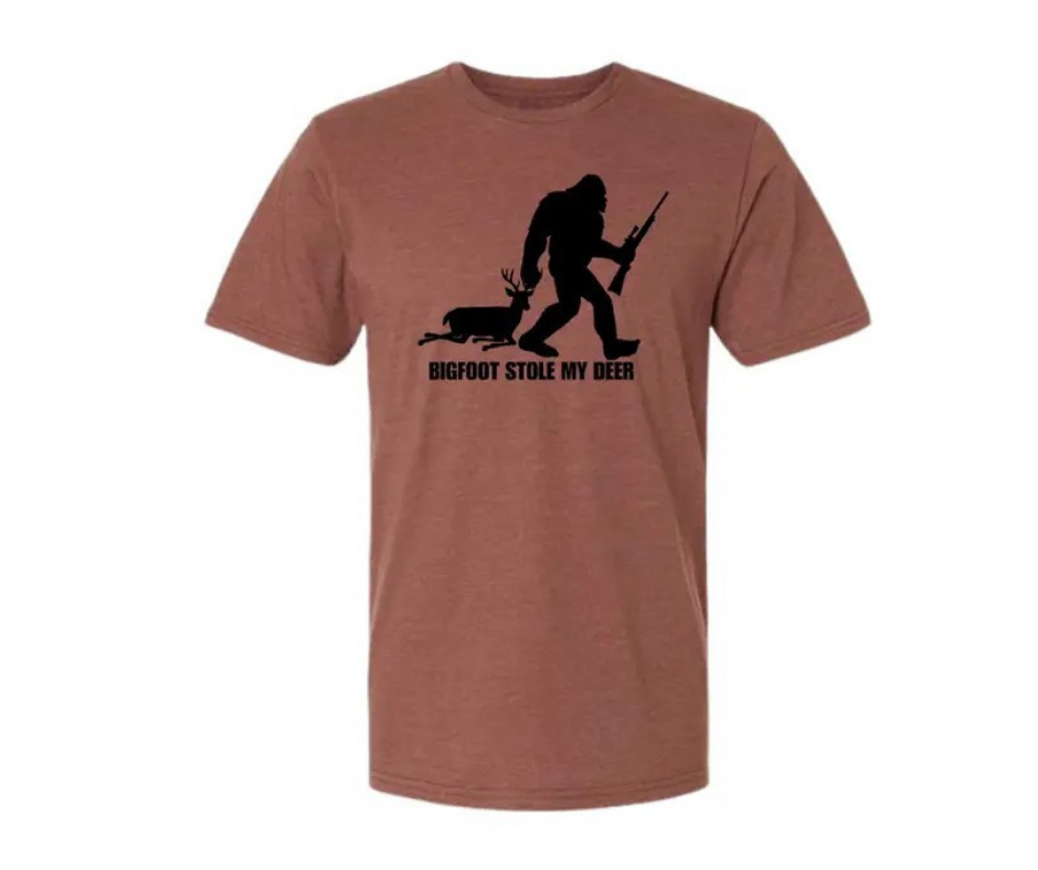T-Shirt: Bigfoot Stole My Deer (Cocoa Mist)