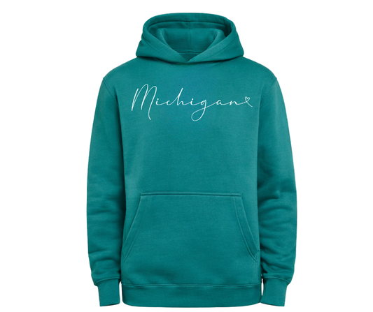 Hoodies: Michigan Script (Teal)
