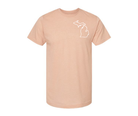 T-Shirt: T27B- Michigan Outline Pocket (H. Peach)