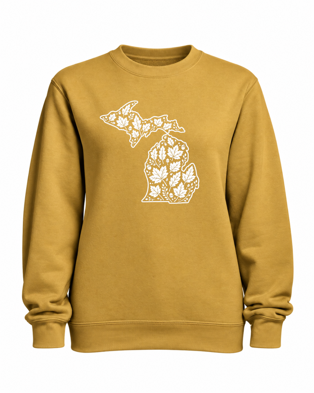 Crewneck: MI White Fall Leaves (Antique Gold)
