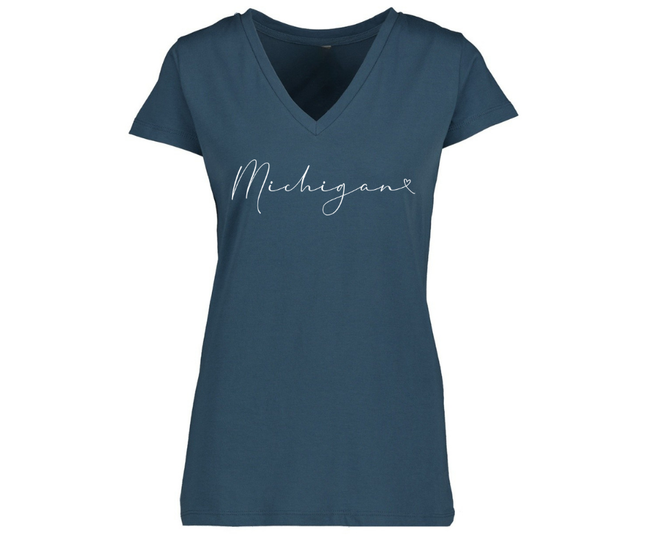 V-Neck: V5B -Woman's relaxed fit Michigan Script (Storm)