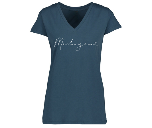 V-Neck: V5B -Woman's relaxed fit Michigan Script (Storm)