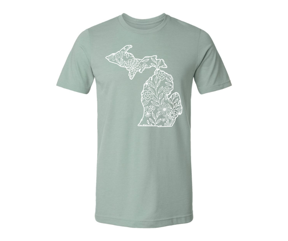 T-Shirt: T96A- Michigan White Flowers (H. Light Sage)