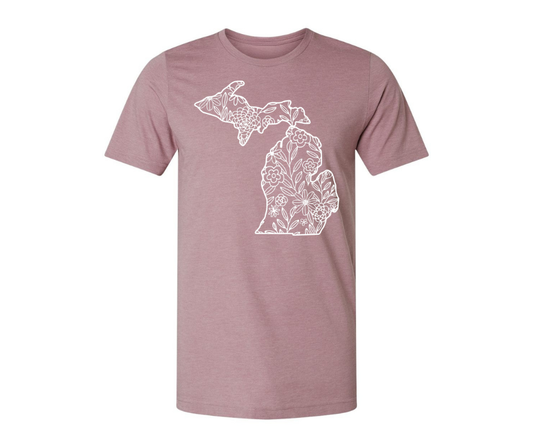 T-Shirt: T96B- Michigan White Flowers (H. Orchid)
