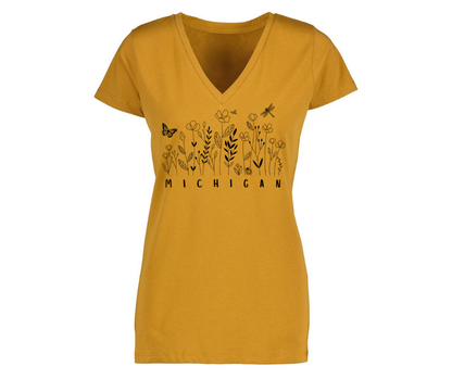 V-Neck: V8B - Michigan Wildflowers (Heather Mustard) Woman's Fit