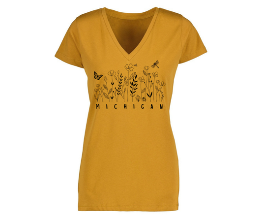 V-Neck: V8B - Michigan Wildflowers (Heather Mustard) Woman's Fit