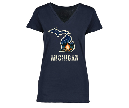 V-Neck: Michigan Campfire (Navy) Womans Fit