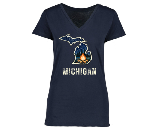 V-Neck: Michigan Campfire (Navy) Womans Fit