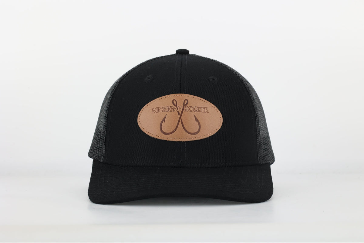 Snapback Hat: Michigan Hooker Leather Patch- Black