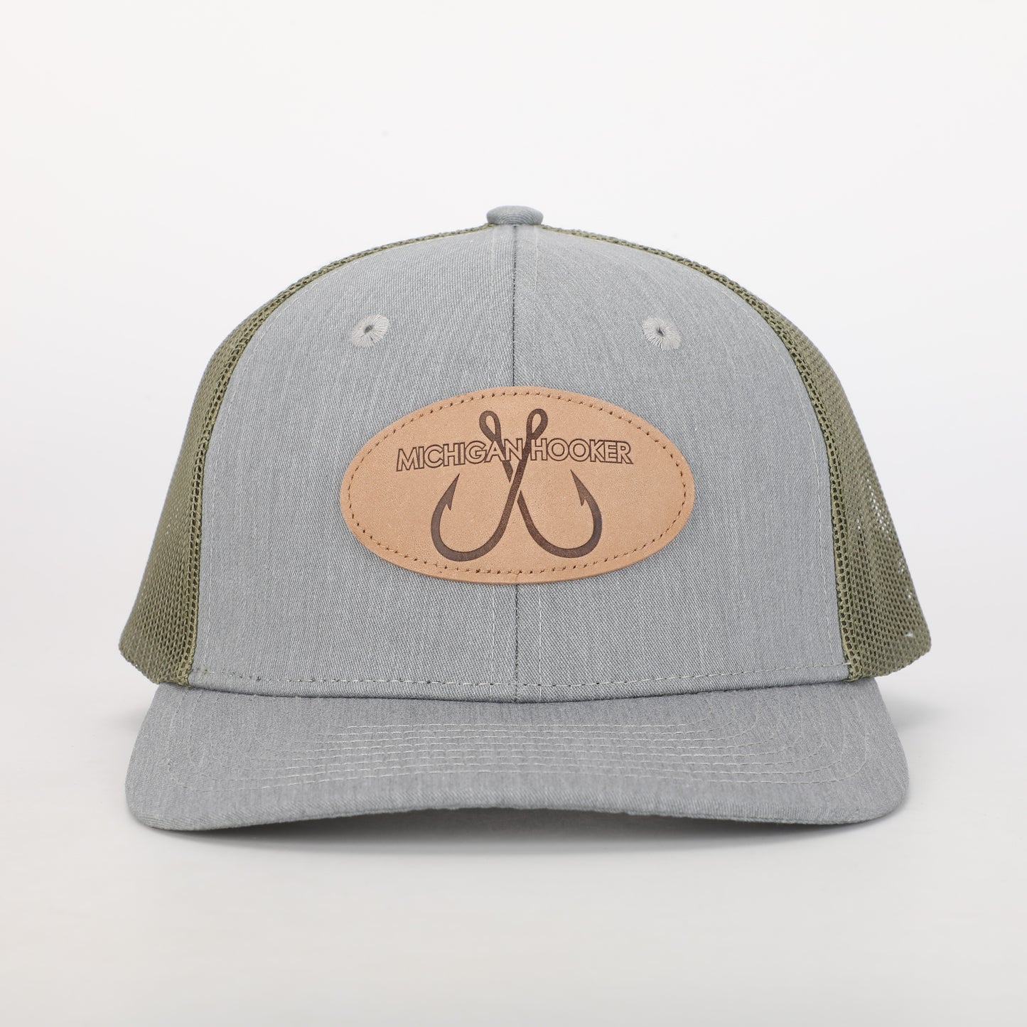 Snapback Hat: Michigan Hooker Leather Patch- Green/Gray