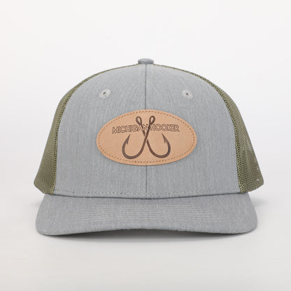 Snapback Hat: Michigan Hooker Leather Patch- Green/Gray