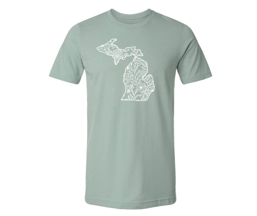 T-Shirt: T96A- Michigan White Flowers (H. Light Sage)