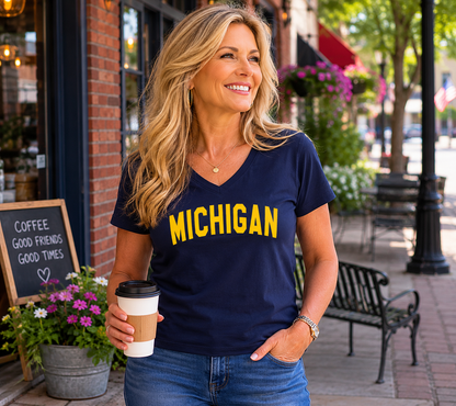 V-Neck: V14 - Michigan Yellow Arch (Navy)