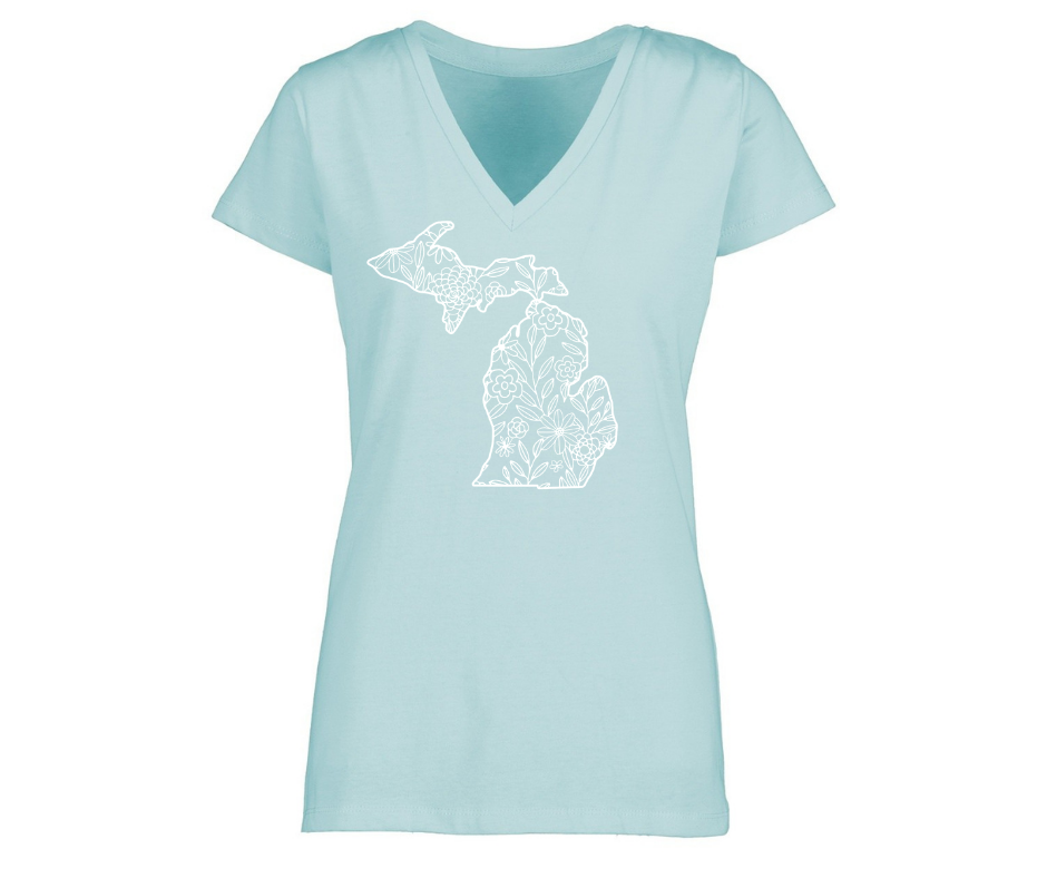 V-Neck: V2- Michigan Map White Flowers (Faded Sea glass)