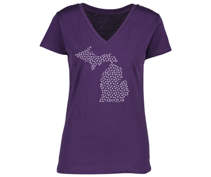 V-Neck: V1 - Michigan Map Hearts (Purple)
