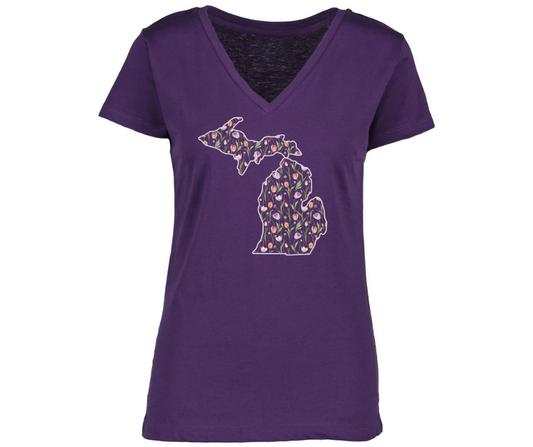 V-Neck: V15 - Michigan Map Tulips (Purple) Woman's Fit